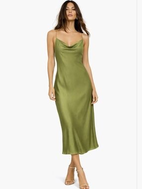 Meshki Adela Green Satin Cowl Neck Pearl Straps Midi Slip Dress Size S